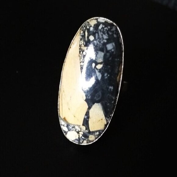 HUGE! Minimalist Maligano Jasper Ring 925 Sz 9.25! Sandy Beige Gray Color Scheme - Picture 5 of 12